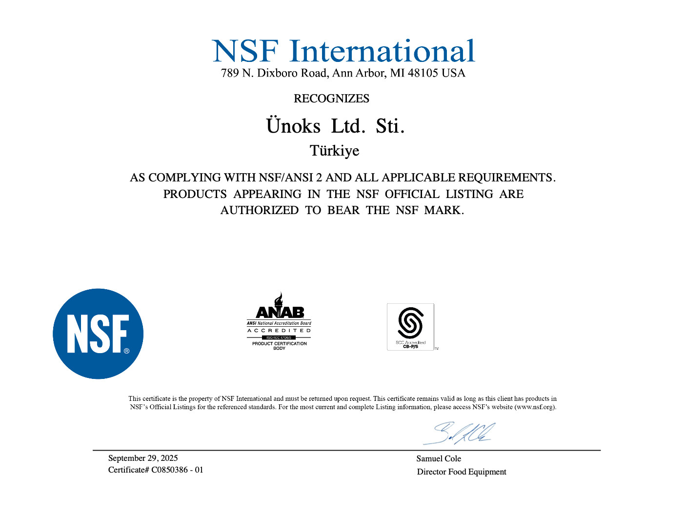 NSF SERTİFİKASI